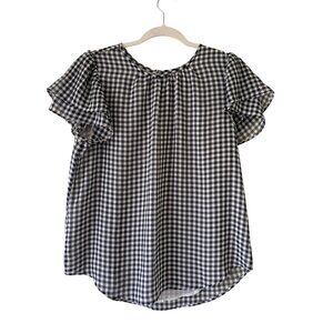 Ann Taylor Gingham Checkered Short Sleeve Blouse With Ruffle Detail